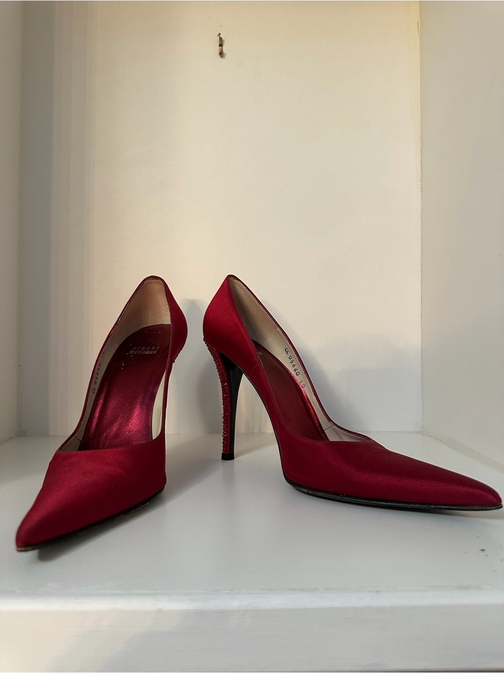 Stuart Weitzman Swarovski Crystal Heel Red Satin Pumps – Size 40 (EU) / 9 (US)